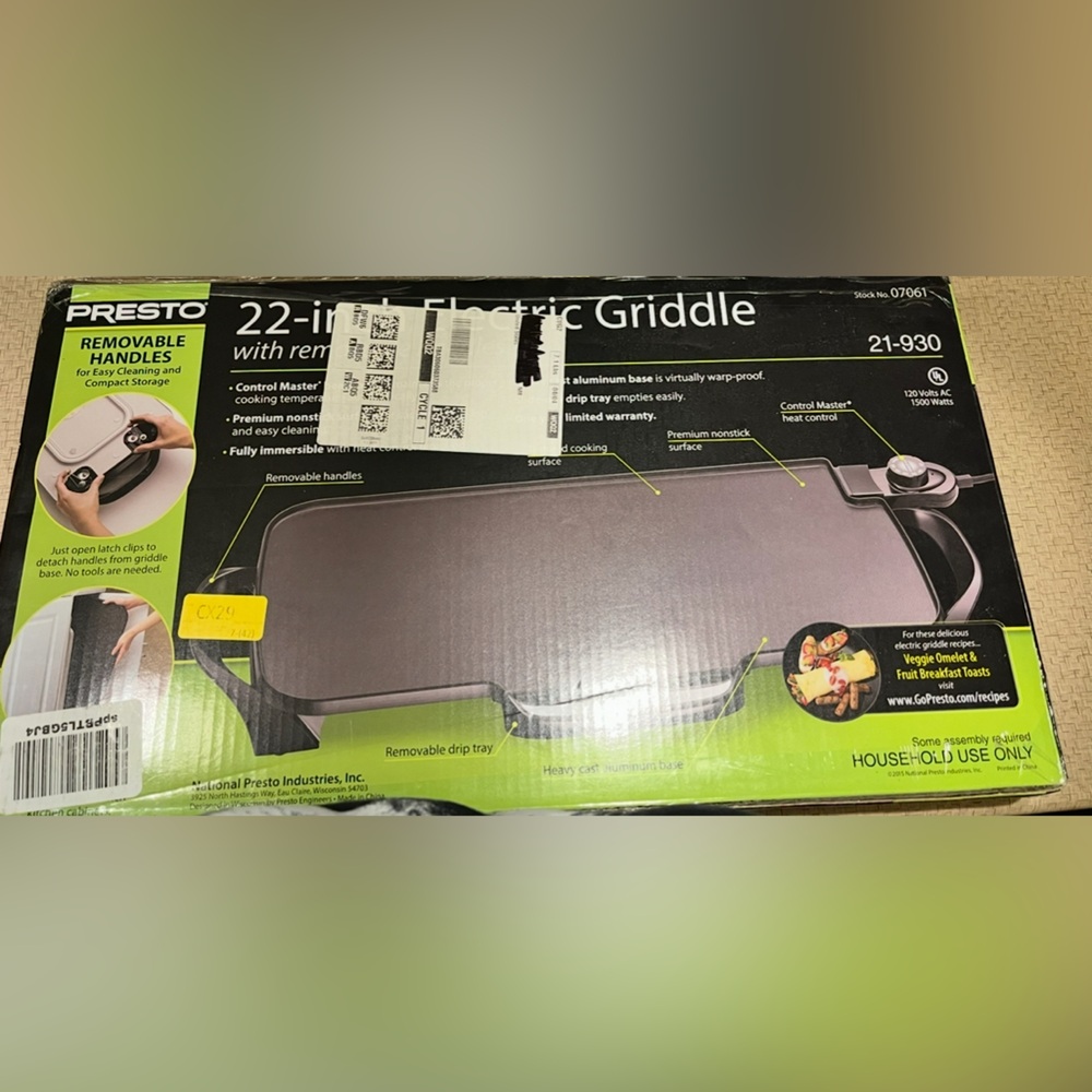 Presto Black Electric Griddle with Removable Handles